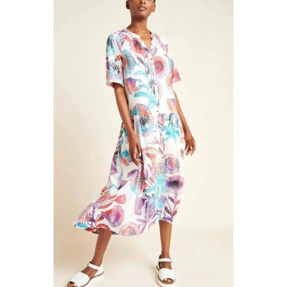 Anthropologie Tugboat Colorful Azores Maxi Dress Small Pink White Floral